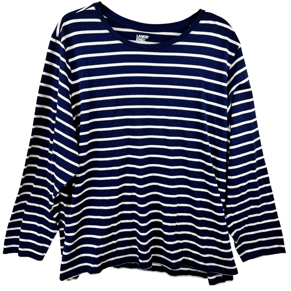 Lands End Striped Top Womens 3X Navy Blue Cotton Long Sleeve Nautical Coastal